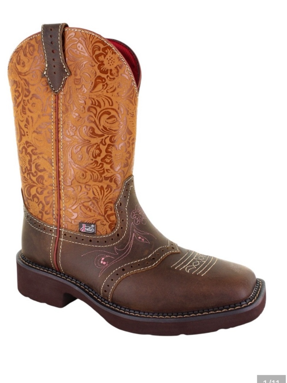 Justin Boots Gypsy Starlina Western cowgirl boots in brown embossed leather.